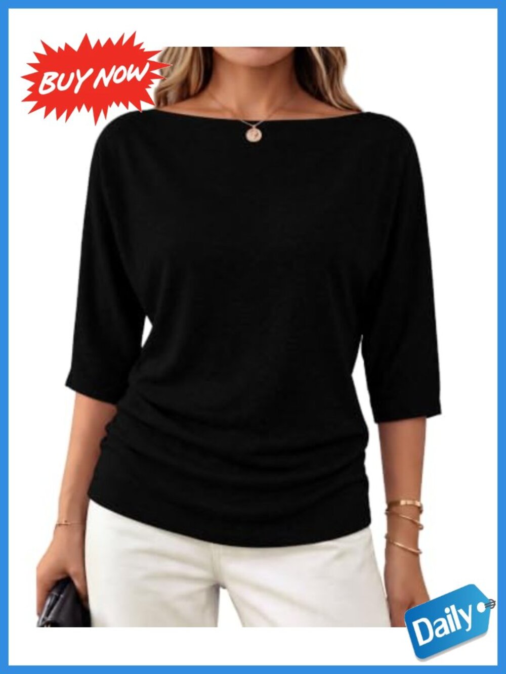 Off Shoulder Sweater Boat Neck Batwing 3/4 Sleeve Knit Pullover Top